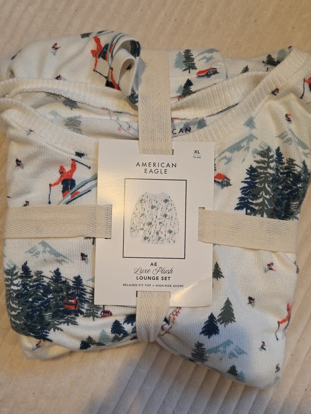American Eagle Outfitters Cream and Blue Womens Pajama Set - Ski Forest Print